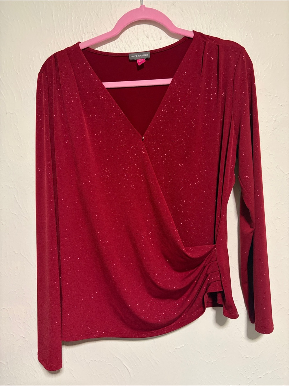 Vince Camuto Sparkle Red Wrap-Style Long Sleeve Top medium